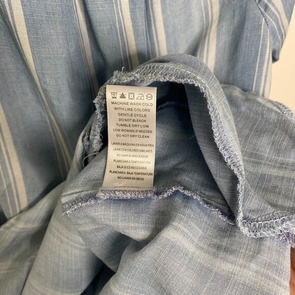 Billy T Blue & White Stripe Linen Off Shoulder 3/4 Tie-Sleeve Back Button Top XS - Picture 9 of 13